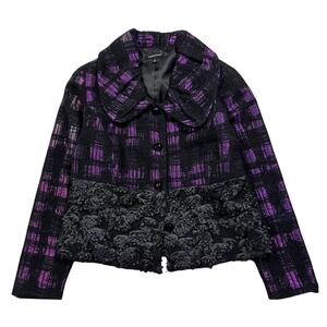 Samuel Dong Womens Black Purple Plaid Textured Rose Embellished Blazer Jacket S